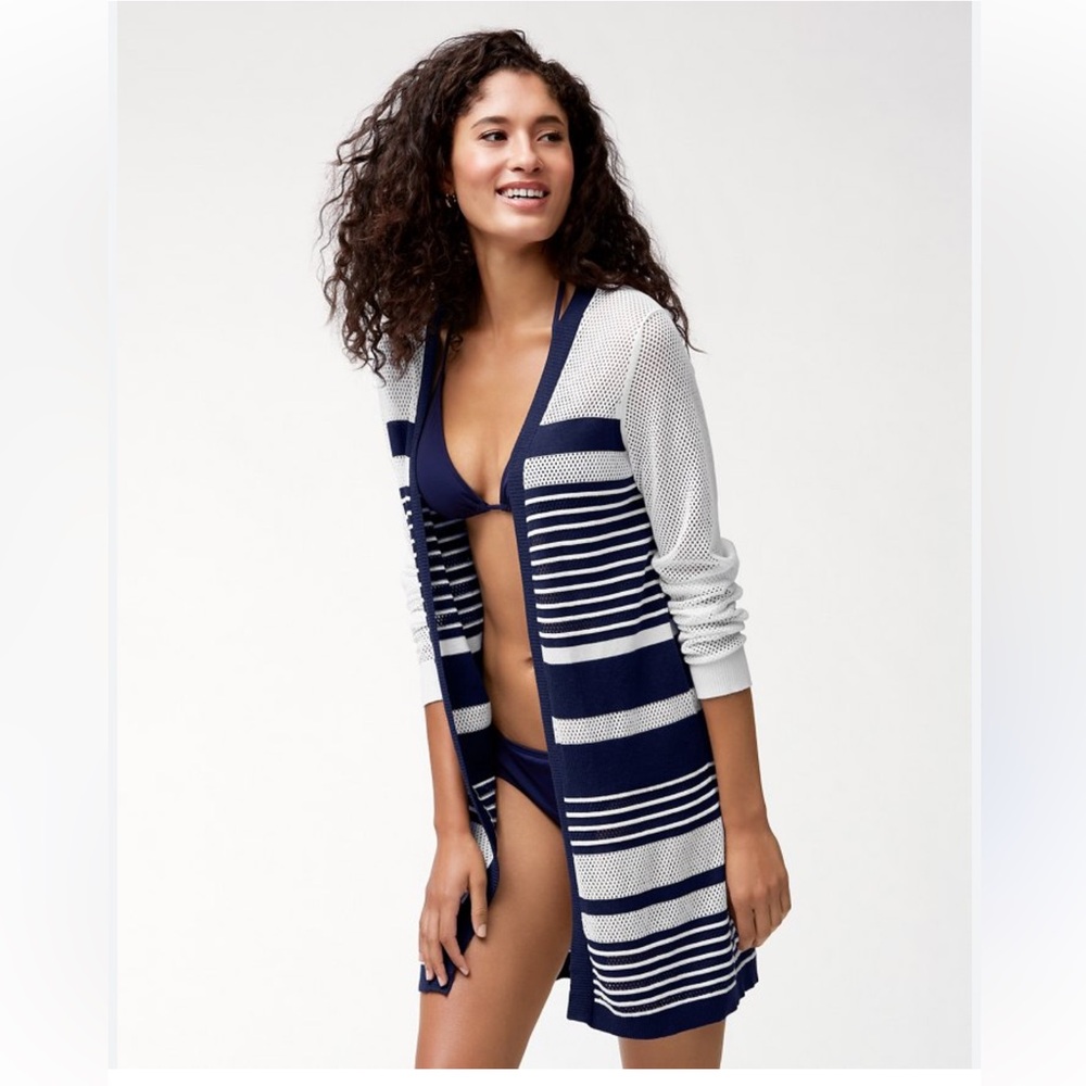 Tommy Bahama Womens Open Cotton Cardigan Swim Beach Coverup Navy/White Stripe XS